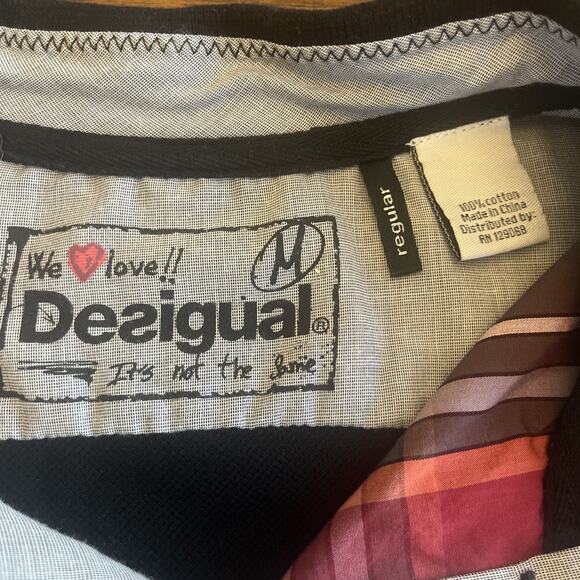 Desigual Polo Shirt Slim Black Red Gray Graphic 100% Cotton Short Sleeve Men's M - Picture 5 of 11